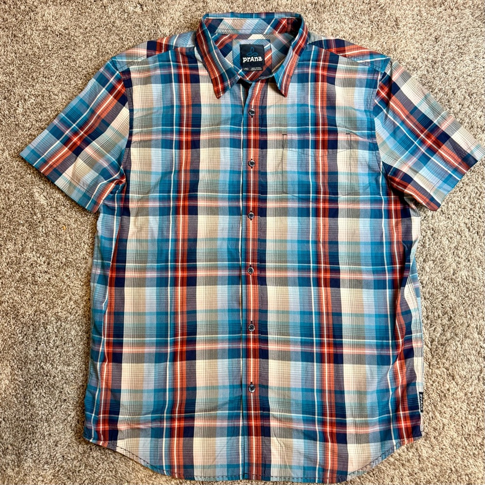 prAna Men's Blue Plaid Short Sleeve Button Up Shirt Casual Outdoor Size Large